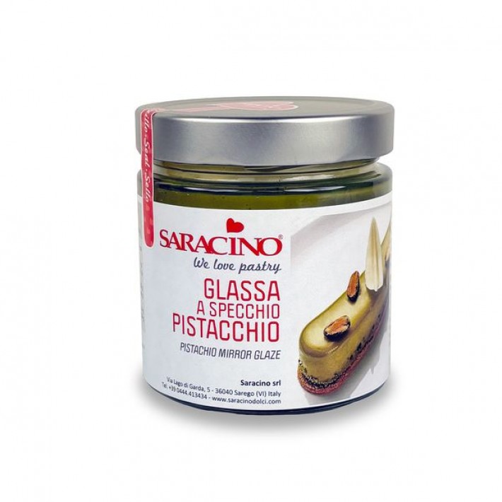 Słoik glazury polewy lustrzanej Saracino 350 g o smaku pistacji, idealny do deserów o lśniącym wyglądzie i intensywnym smaku pistacji, przechowywany w chłodnym i suchym miejscu