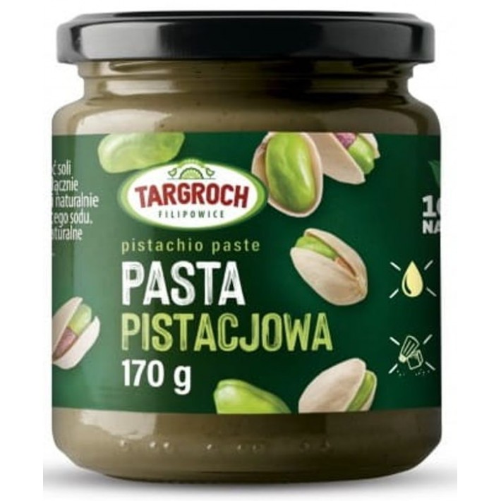 Opakowanie 170g naturalnej pasty pistacjowej Targroch bez dodatków, idealna do deserów i przekąsek
