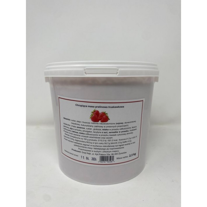 Pralina Grejt Kejk truskawkowa z herbatnikami croquant 2,5 kg – idealna do ciast, lodów i deserów, chrupiąca i smaczna.