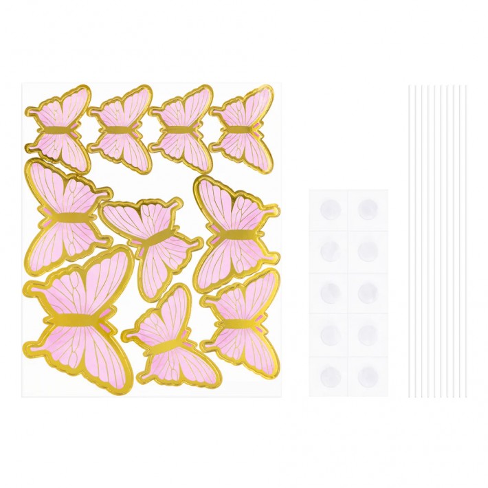 Zestaw 10 różowo-złotych motyli papierowych na tort, idealny do dekoracji ciast i deserów, z elastycznymi metalowymi drucikami
