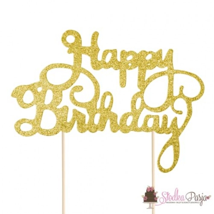 Topper na tort Happy Birthday - złoty